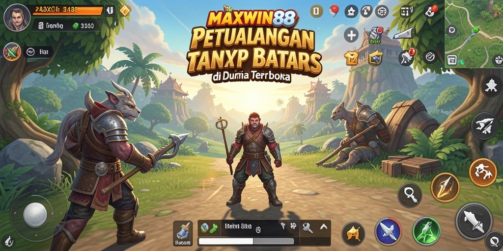 Screenshot gameplay MAXWIN88 yang menunjukkan eksplorasi dunia terbuka yang luas.
