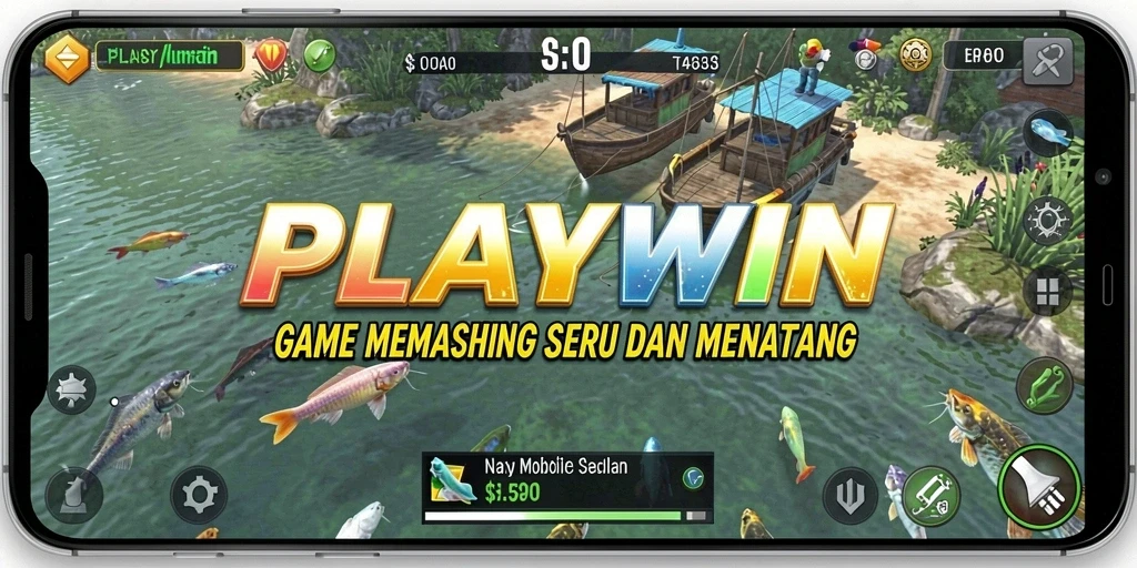 Gameplay PLAYWIN menampilkan aksi memancing yang seru dan dinamis.