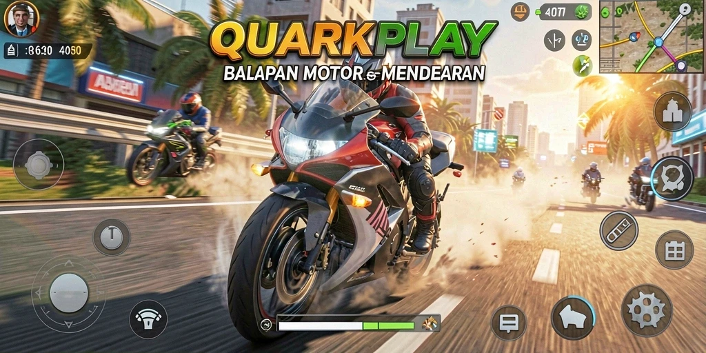 Tangkapan layar menunjukkan aksi balapan motor yang mendebarkan di QUARKPLAY.