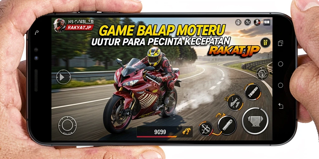 Tampilan gameplay RAKYATJP dengan motor balap yang cepat.