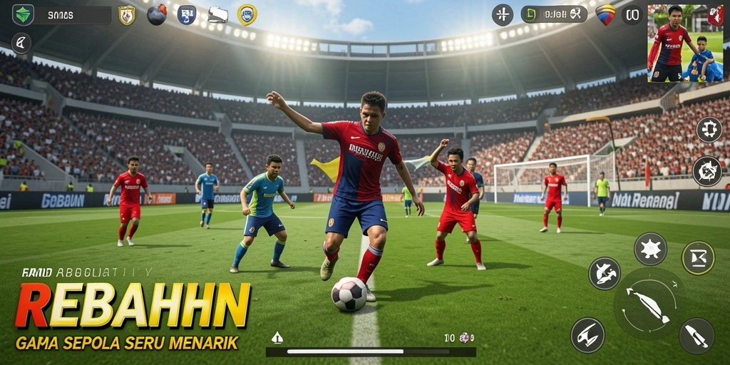 Screenshot gameplay menampilkan aksi sepak bola yang mendebarkan.