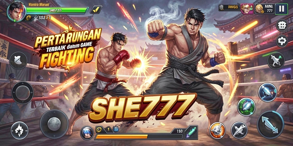 Tangkapan layar utama SHE777 menampilkan pertarungan intens antara karakter dalam arena yang spektakuler.