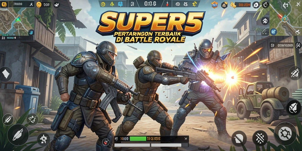Gameplay seru di SUPER5 dengan pertempuran Battle Royale yang mendebarkan.